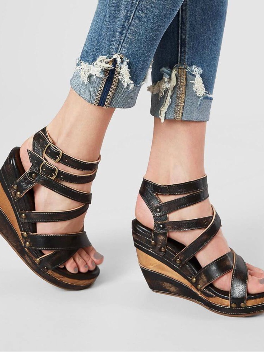 Bed Stu Hand Wash Black Strappy Wedge Sandals with Double Ankle Buckles